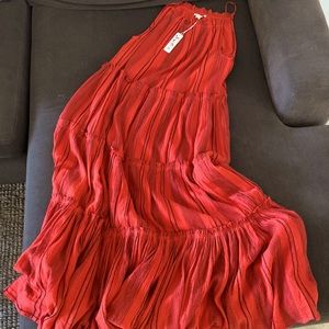 RED STRIPE TIERED MAXI DRESS BY SUNDRY
